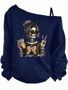 EMERY ROSE Plus Size Women Asymmetrical Shoulder Strap T-Shirt With Casual Minimalist Skull Girl Print, Suitable For Halloween, Back To School Season, Fall And Winter/Spring