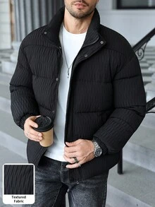 Manfinity CasualCool 男式拉链格子撞色长袖口袋冬季加厚外套，秋季 - 黑色 - 查看 1