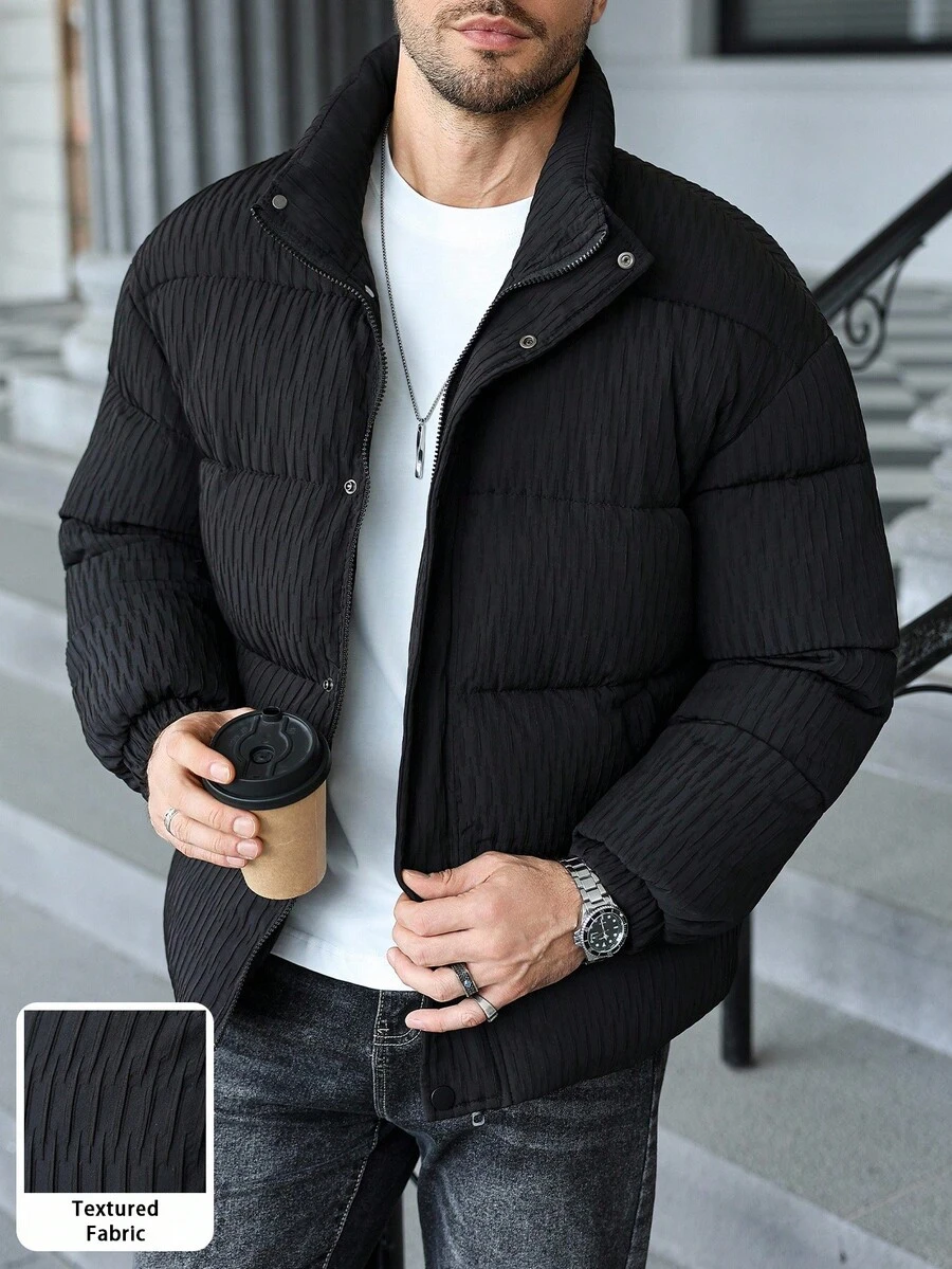 Manfinity CasualCool 男式拉链格子撞色长袖口袋冬季加厚外套，秋季 - 黑色 - 查看 1