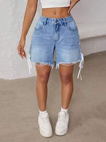 Jeanoix Pantalones cortos de mezclilla con cordón en la cintura y borde deshilachado para mujer de talla grande - Azul lavado medio - Ver 3