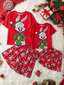 LOONEY TUNES X SHEIN Conjunto informal de camiseta de manga corta holgada con estampado de conejo y pantalones cortos para niña preadolescente, conjunto a juego para la familia en Navidad