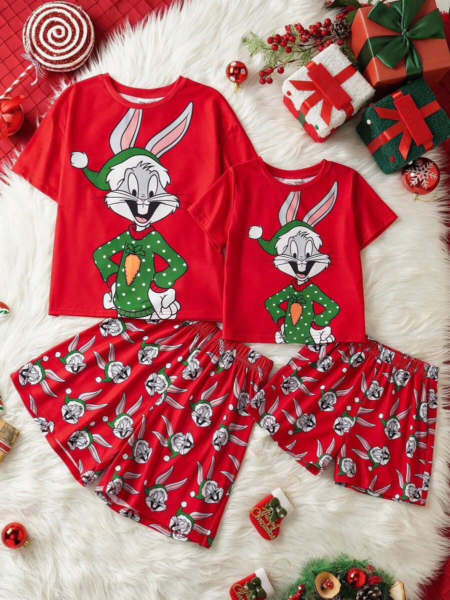LOONEY TUNES X SHEIN Conjunto informal de camiseta de manga corta holgada con estampado de conejo y pantalones cortos para niña preadolescente, conjunto a juego para la familia en Navidad