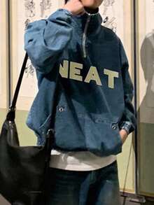 DAZY Men's Letter Embroidery Washed Blue Half-Zip Pullover Sweatshirt, Autumn - Blue - View 5