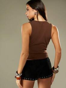 MISSGUIDED Áo ba lỗ dây khóa kiểu phương Tây với vải gân cho mùa hè thường ngày - Cà phê nâu - Xem 2