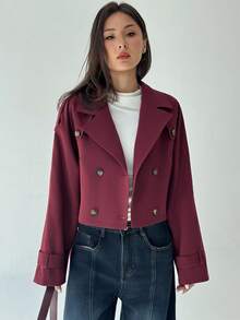 Aloruh Minimalist Commuter Brown Cinched Waist Waist Cropped Khaki Women Trench Coat, Suitable For Autumn - Coffee Brown - View 4