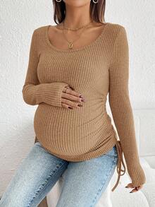 SHEIN Drawstring Ruched Maternity Solid Color Long Sleeve Casual T-Shirt Maternity Top Pregnancy Top Pregnancy Shirt Maternity Clothes Maternity Shirt - Coffee Brown - View 6