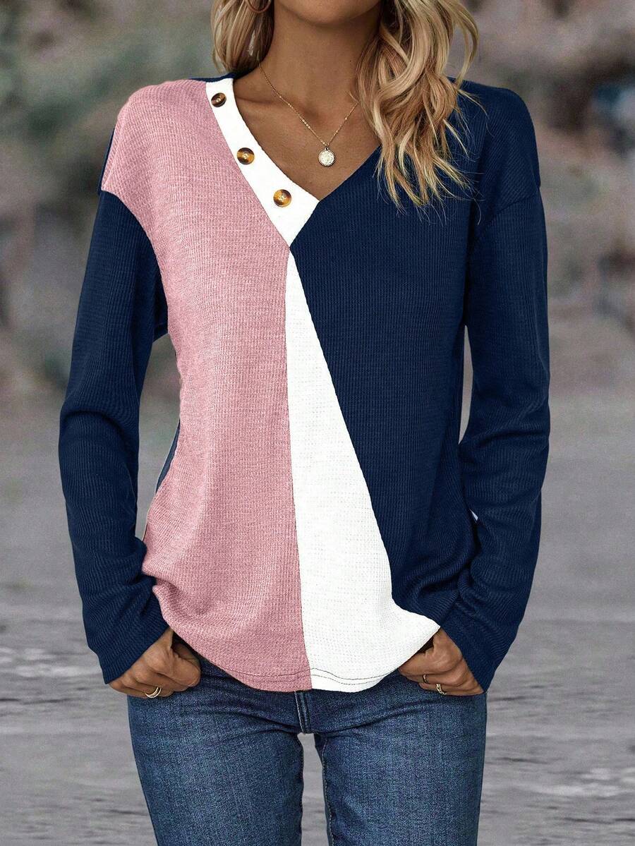 EMERY ROSE Áo thun hở vai họa tiết nút bấm phối màu dành cho nữ - Hồng - Xem 1