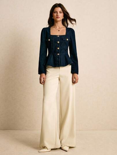 Poéselle 女式休闲长袖方领荷叶边下摆牛仔夹克 西部上衣 女式牛仔上衣 方领上衣 女式西部上衣 女式牛仔上衣 女式牛仔上衣 女式西部上衣 夹克 圣诞女式冬季夹克 新年女式优雅女式衬衫