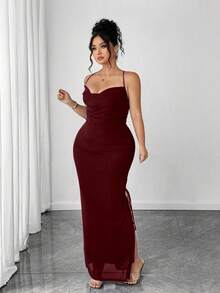 Cravure Halloween Plus Size Women's Vintage Sexy Mesh High Slit Drawstring Dress