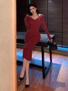 DAZY Elegant Burgundy Autumn Dinner Date Women's Bodycon Sweater Dress,Open Shoulder Backless Spaghetti Strap,Cinched Waist,Perfect For Weddings & Parties - Red - View 5