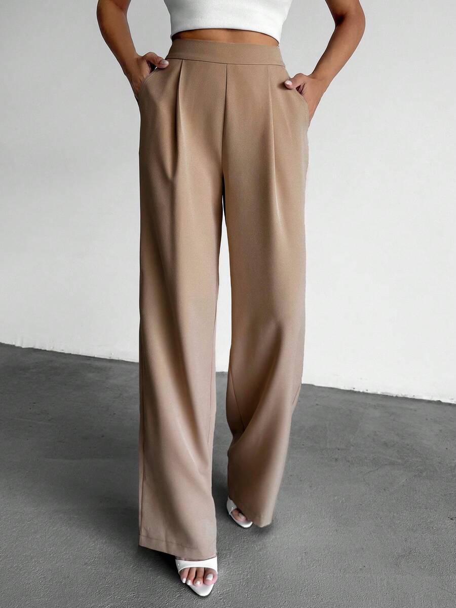 EURMUSE Women's Solid Color High Waist Pleated Wide Leg Loose Casual Pants - Mocha Brown - View 1