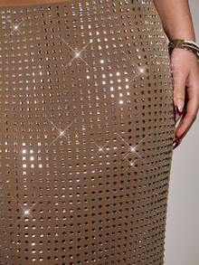 SHEIN BAE 秋季纯卡其色水晶钻闪亮紧身修身迷你裙，适合派对、夜总会、鸡尾酒会、宴会、夜间外出、舞会、约会、秋冬季分层穿着 - 卡其色 - 查看 7