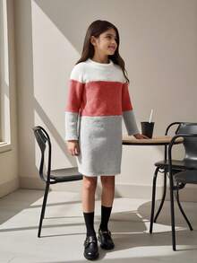 Tween Girl Double-Faced Fleece Color Block Long Sleeve Dress With Fuzzy Hat, Fall/Winter - Multicolor - View 3