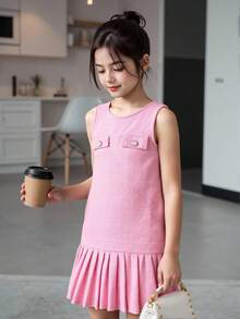 SHEIN Rochie elegantă fără mâneci, cu buzunare decorative, plisată, pentru fete preadolescente