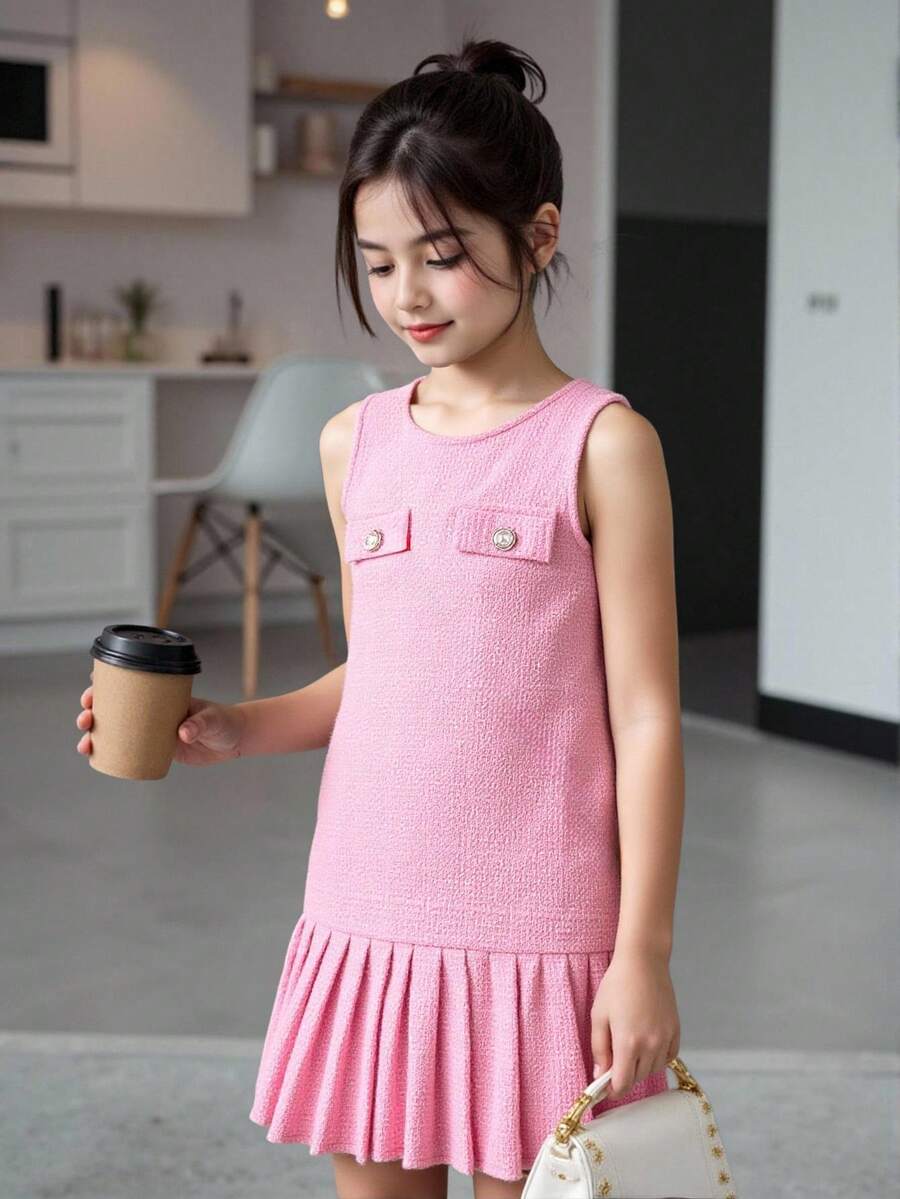 SHEIN Rochie elegantă fără mâneci, cu buzunare decorative, plisată, pentru fete preadolescente