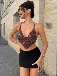 Firerie Women's Mesh Sequin Backless Tie-Up Draped Neck Camisole Brown Floral,Summer,Street Wear Y2k,Club Night, Beaded Coffee Color Crop Top,Beach,Boho - Coffee Brown - View 5