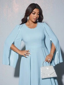 Viva Relle 大码女式优雅宴会、派对、迷人活动圆领钻石装饰腰部喇叭长裙（随机水钻装饰） - 藍色 - 查看 4