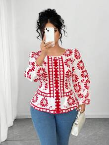 SHEIN Elenzya Áo cánh dài tay ôm sát cổ tròn in họa tiết cho nữ, áo khoác ngoài thường ngày - Nhiều màu - Xem 5