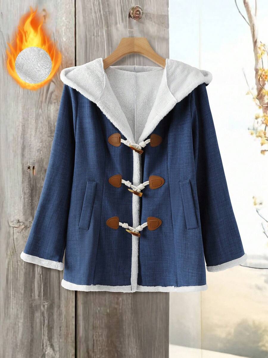 SHEIN LUNE CURVE Chaqueta casual de talla grande para mujer de unicolor, de lino sintético compuesto y peludo, con bolsillo falso y botón de cuerno, para otoño/invierno - Multicolor - Ver 1