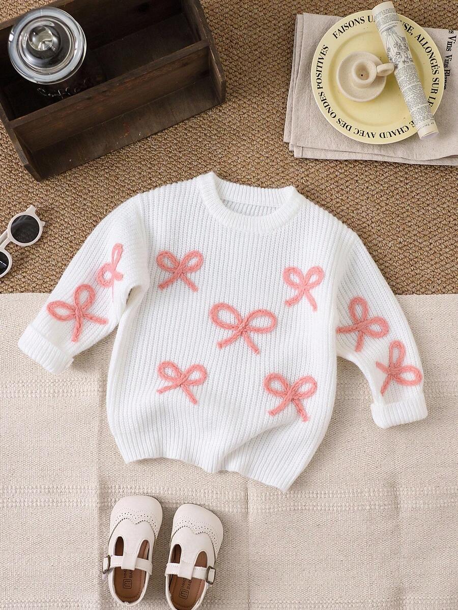 SHEIN Young Girl New Fashionable Versatile Cute Casual Bow Knit Pullover Sweater Fall Winter Fall - White - View 1