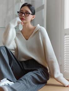 DAZY 女式宽松长袖套头休闲毛衣秋冬 - 白色 - 查看 7