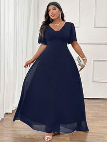 Elenzga Plus Size Elegant Navy Blue Summer Wedding Chiffon Shirred Short Sleeve Waist Tie Flared Maxi Dress,Commuter Casual Versatile Comfortable Fabric - Navy Blue - View 9