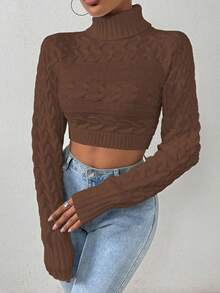 EMERY ROSE Women's Autumn/Winter Cable Cable Pattern Turtleneck Long Sleeve Cropped Sweater - Brown - View 4
