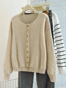 Franclia 春秋新款休闲复古宽松针织开衫，高端感十足 - 卡其色 - 查看 5