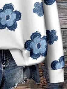 EMERY ROSE Floral Pattern Casual Loose Fit Crew Neck Plus Size Sweatshirt For Women, Suitable For Back To School, Teacher's Day, Halloween, Christmas, Fall/Winter