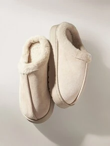 Solecia 女士厚底毛绒拖鞋，保暖毛绒衬里，防滑，适合室内/室外使用，冬季时尚休闲纯色家居鞋 - 米色 - 查看 5
