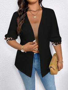 EMERY ROSE Plus Size Women Casual Long Sleeve Blazer Jacket With Leopard Print Patchwork - Black - View 3