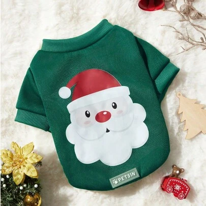 PETSIN 舒适的圣诞绿色羊毛狗狗运动衫 - 可爱的圣诞老人印花，温暖的圆领套头衫，冬季节日宠物服装，适合室内和室外节日场合