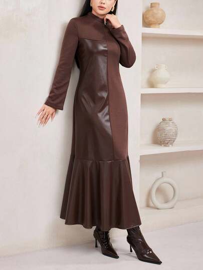 Veilorie Women's Solid Color Minimalist Crew Neck Long Sleeve Dress, Casual Everyday Wear Autumn Winter Dress For Women