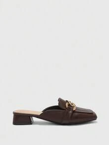 CUCCOO BIZCHIC Sepatu hak tinggi wanita minimalis modis dengan ujung persegi dan hiasan rantai logam, cocok untuk liburan, perjalanan, dan gaya retro untuk Natal dan Musim Semi. - Coffee Brown - View 7
