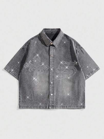 Street Life Men's Fashionable Washed Rhinestone Denim Shirt