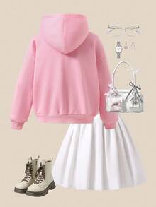 SHEIN Explorewe Girls Sweatshirt Set,Cute Pink Long Sleeve Fleece Hoodie With White Bow Print,Paired With Pleated Skirt,Back-To-School Autumn School Outfit,Winter - Pink - View 8