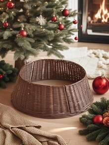 Cirelle 1pc, Christmas Tree Collar, Plastic Rattan Christmas Tree Skirt, Rural Decoration, Christmas Tree Skirt Base, Natural Woven Christmas Tree Fence, Farmhouse Paper Rope Christmas Tree Skirt, Holiday Rural Brown Base Cover For Christmas Tree Decoration, Christmas Decoration, Christmas Gifts - Brown - View 1