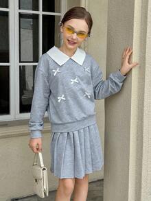 Bộ áo nỉ cổ polo và chân váy 2 trong 1 cho bé gái tuổi teen - Xám - Xem 3