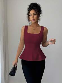 Elenzga Women's Elegant Square Neck Sleeveless Blouse With Front Slit, Suitable For Office, Commute, Afternoon Tea, Party, Vacation, Casual Wear, Spring/Summer - Burgundy - View 4