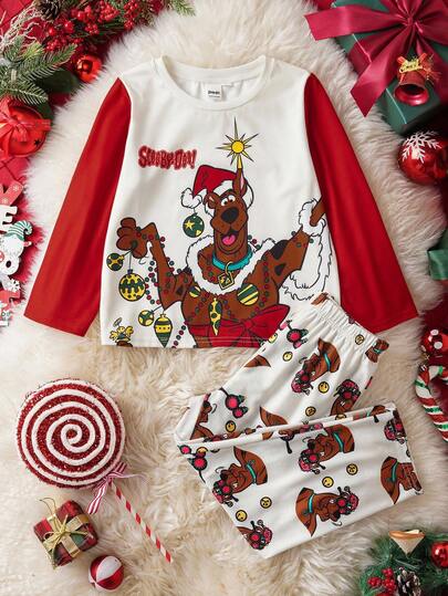 SCOOBY-DOO X SHEIN 2pcs/Set Young Boy Christmas Casual Cute Cartoon Dog & Letter Print Contrast Color Long Sleeve T-Shirt And Pants Set Fall Winter