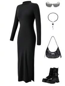 女童优雅修身简约立领长袖开衩下摆连衣裙 - 黑色 - 查看 4