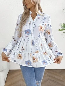 SHEIN 孕妇休闲花卉印花长袖纽扣衬衫，带多层下摆 - 彩色 - 查看 4