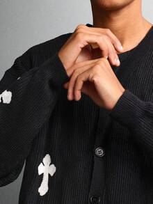 SUMWON 短款针织纽扣前长袖开衫经典麻花针织休闲秋冬舒适毛衣 - 黑色 - 查看 5