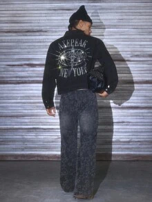 AXEPEAK Men's Washed Rhinestone Embellished Long Sleeve Denim Jacket, Stylish Short Outerwear, Fall - Black - View 6