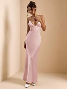SHEIN BAE Apricot & White Deep V-Neck Spaghetti Strap Super Long Backless Tie Satin Mermaid Dress, Elegant Dress, Vacation Dress, Bridesmaid Dress, Birthday Party Dress, Back To School/Graduation Dress, White Dress,Wedding Guest Dress Women - Dusty Pink - View 1