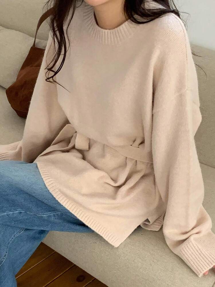 Women's Crew Neck Solid Color Elegant Tie-Up Long Sleeve Sweater, Autumn/Winter