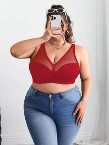 SHEIN CURVE+ 大码纯色网眼插入式无钢圈弧形文胸夏季/乡村/海滩度假装/沙滩装/沙滩装 - 酒紅色 - 查看 5