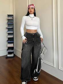 Dripcurv Plus Size Casual Loose Straight Leg Jeans, Blue Jeans Wide Leg Cargo Jeans For Women