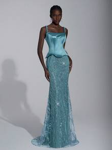 Elitara Elegant Luxurious Off Shoulder Linen Rope Sleeve Elastic Satin Patchwork Beaded Sequin Floral Mermaid Dress, Suitable For Wedding, Party, Vacation, Prom, Evening Gown (Heavy Embellished) - Blue - View 6