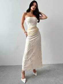 Firerie 优雅刺绣网眼高腰连衣裙，配长腰带，浪漫端庄，适合派对、约会、日常穿着，杏色 - 杏色 - 查看 4